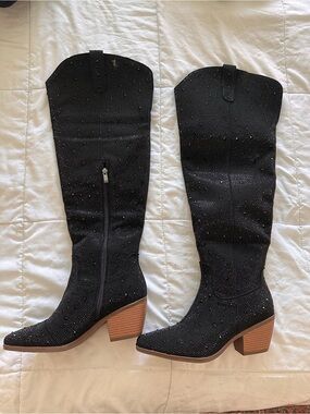Rhinestone Studded Black Over-the-Knee Boots with Block Heel
